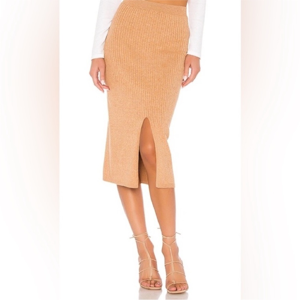 Free People Skyline Rib-Knit Midi Skirt Tan Stretch Open Slit Front Tan XS Sexy